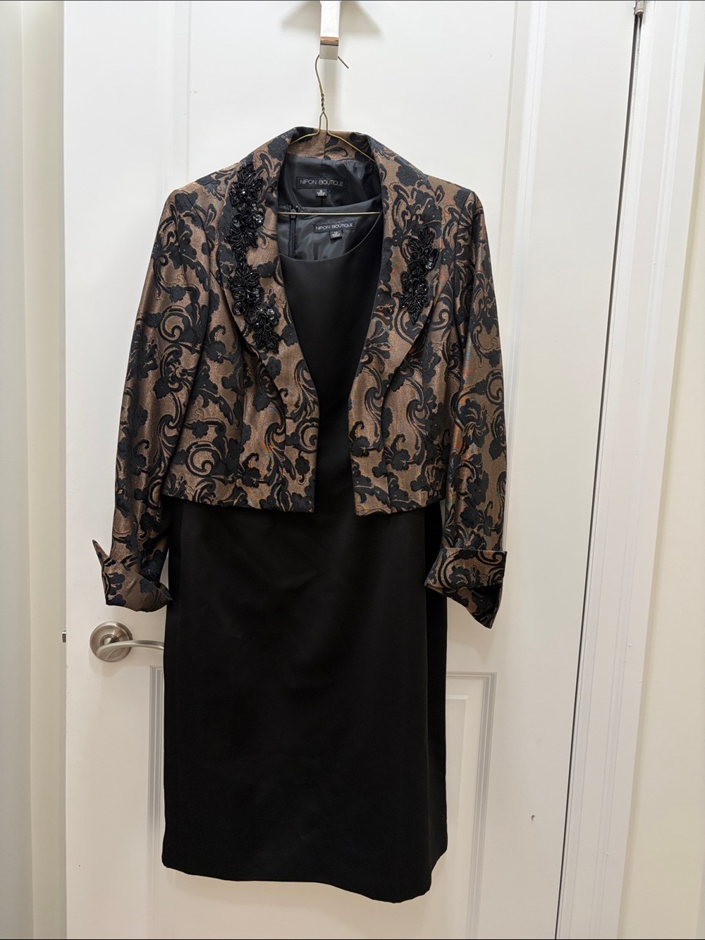 Nipon Boutique Black Dress with Bronze Floral Brocade Cropped Jacket